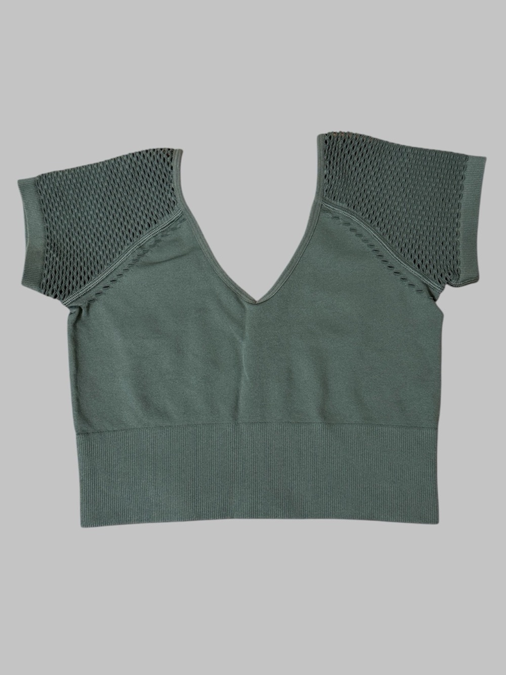 Aerie Offline Sage Green Mesh-Sleeve Seamless Cropped Top